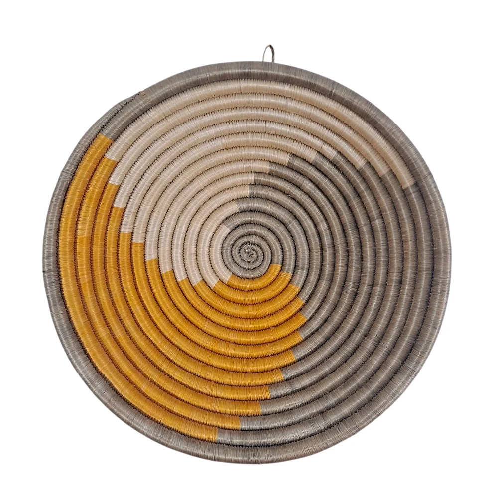 Woven Coil Basket Bowl Wall Hanging Orange Gray Cream 12